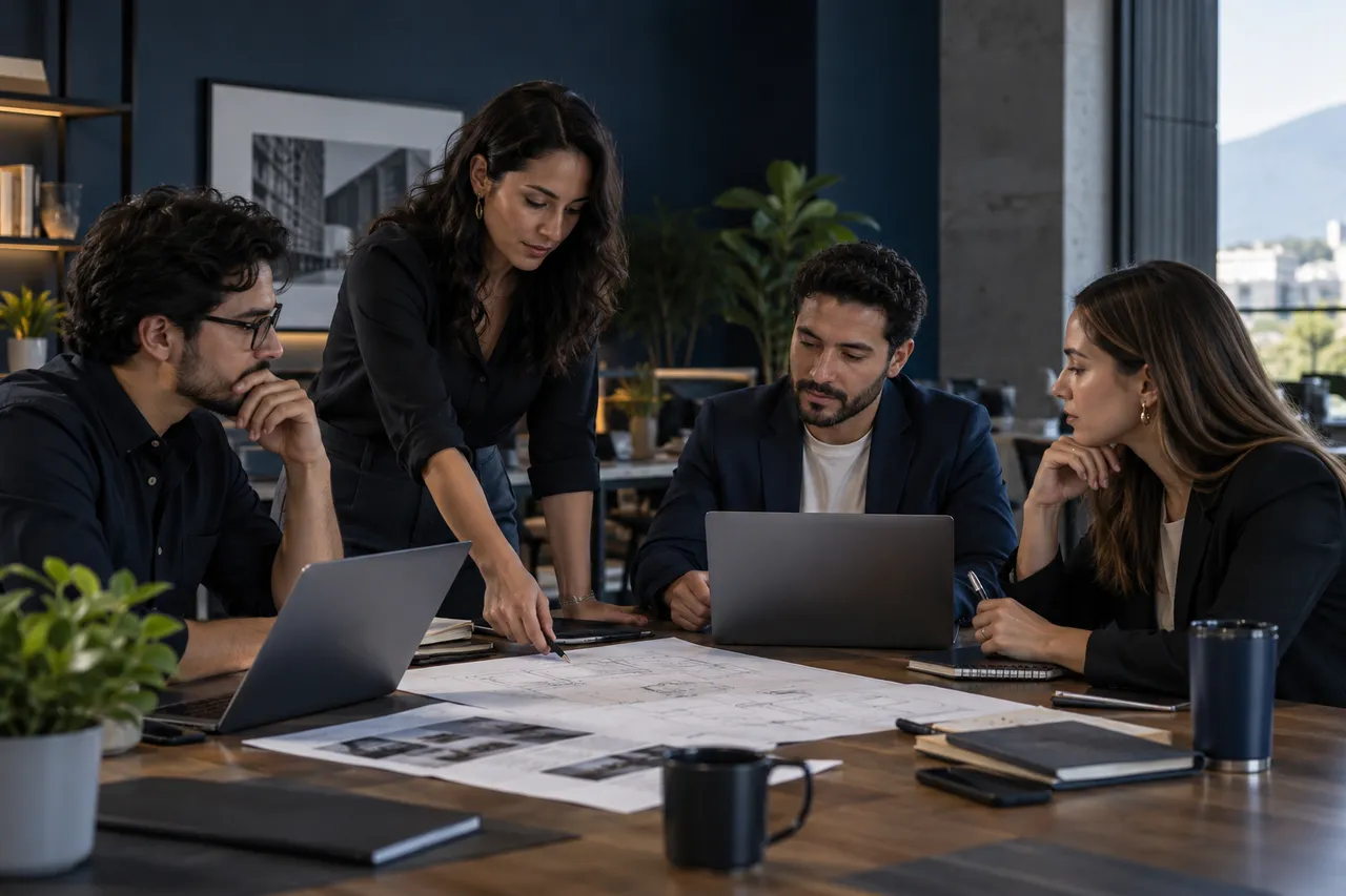 Equipo colaborando en la planeación de una solución empresarial